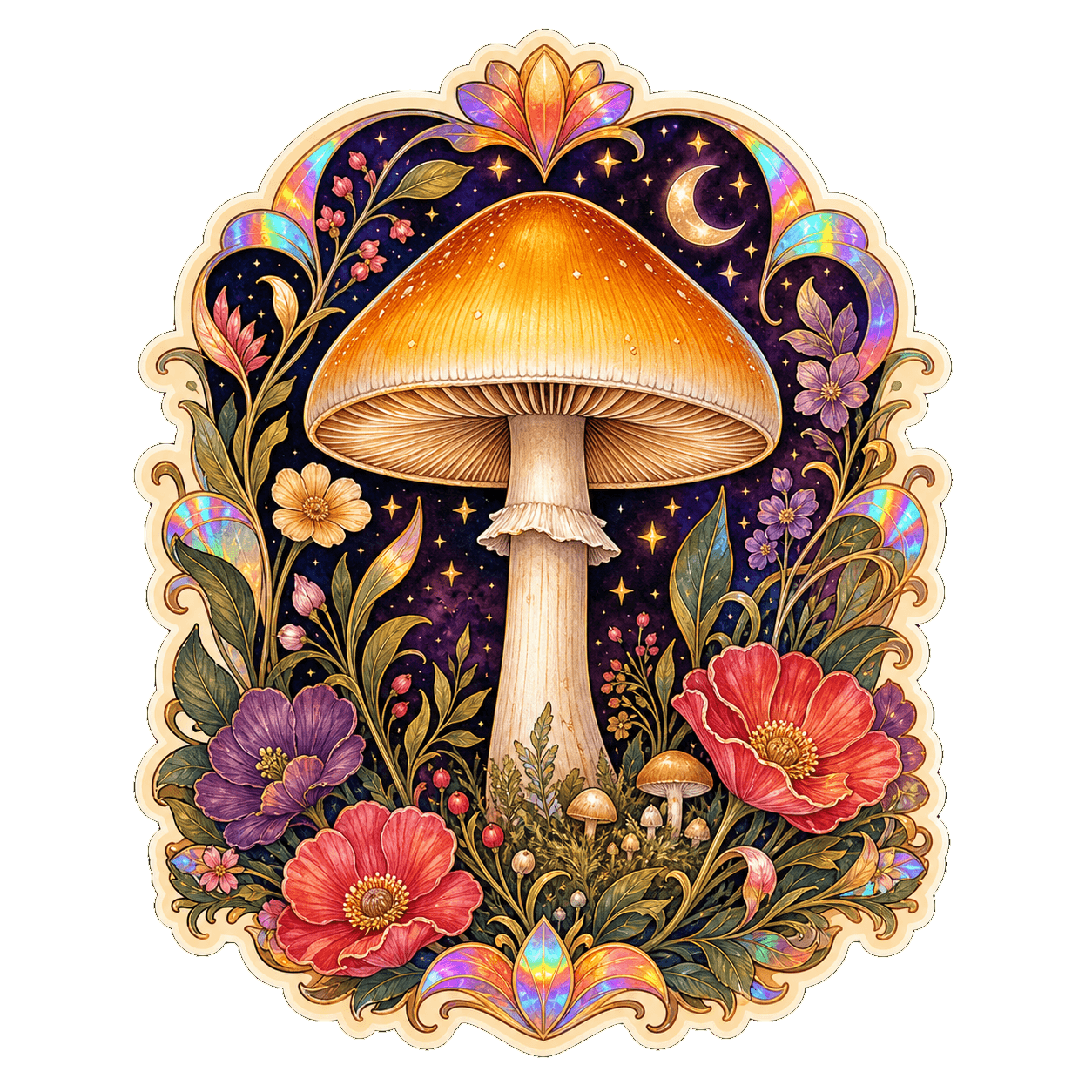 Luminous Golden Teacher sticker artwork with a golden mushroom framed by flowers, stars, and Art Nouveau foliage
